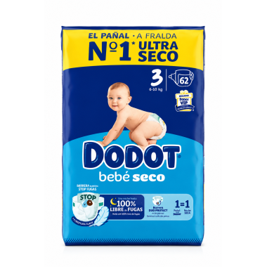 Dodot Bebé Seco Talla 3 (6-10 kg) 62 Pañales | Protección ultra seca y máxima seguridad antifugas día y noche