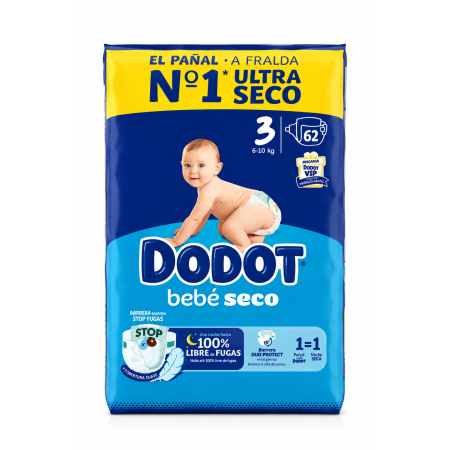 Dodot Bebé Seco Talla 3 (6-10 kg) 62 Pañales | Protección ultra seca y máxima seguridad antifugas día y noche
