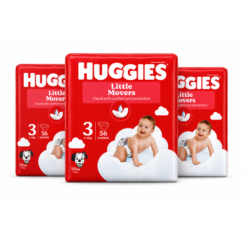 Pack 3 Huggies Little Movers Talla 3 (4-9 kg) 168 Pañales (3x56) | Máxima suavidad y libertad de movimiento para bebés activos
