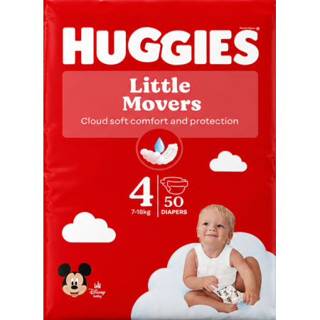 Huggies Little Movers Talla 4 (7-18 kg) 50 Pañales | Libertad de movimiento y protección total para bebés activos