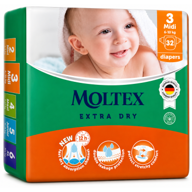 Moltex Extra Dry Talla 3 (4-10 kg) 32 Pañales | Alta absorción y protección diaria para el confort del bebé