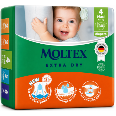 Moltex Extra Dry Talla 4 (9-14 kg) 30 Pañales | Alta absorción y protección diaria para bebés activos