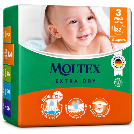 Moltex Extra Dry Talla 3 (4-10 kg) Pack Ahorro 160 Pañales (5x32) – Máxima Absorción y Ahorro Diario