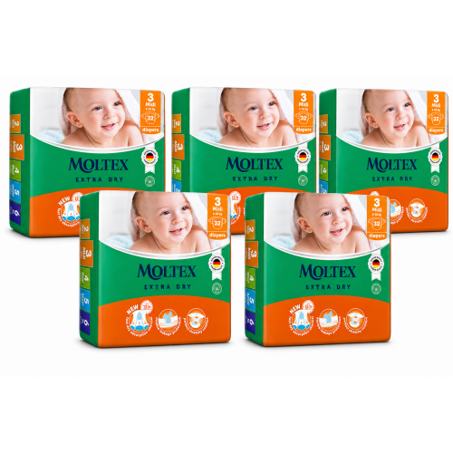 Moltex Extra Dry Talla 3 Midi 6-10 kg Pack 5x32 Pañales | Absorción Rápida y Protección Total para tu Bebé