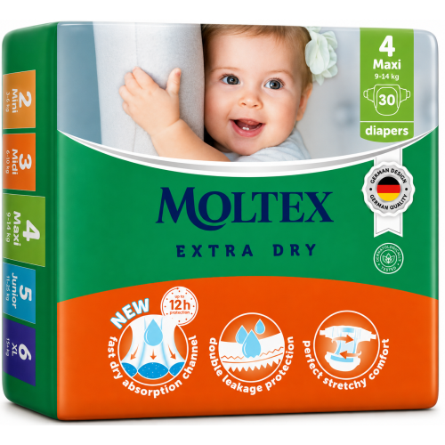 Moltex Extra Dry Talla 4 (9-14 kg) Pack Ahorro 180 Pañales (6x30) – Máxima Absorción y Ahorro Diario
