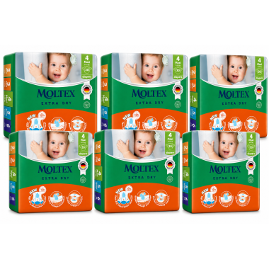 Moltex Extra Dry Talla 4 (9-14 kg) Pack Ahorro 180 Pañales (6x30) | Máxima absorción y ahorro diario para bebés activos