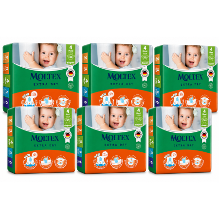 Moltex Extra Dry Talla 4 (9-14 kg) Pack Ahorro 180 Pañales (6x30) | Máxima absorción y ahorro diario para bebés activos