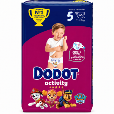 Dodot Activity Talla 5 (11-16 kg) 52 Pañales | Ajuste Total y Máxima Absorción Día y Noche Paw Patrol