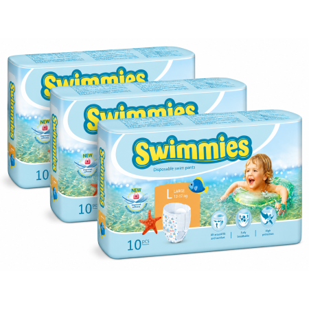 Pañales de Agua Swimmies Talla L (12-17 kg) Pack 3x10 | Bañador Desechable para Piscina y Playa