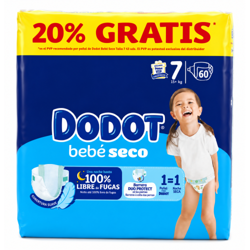 Dodot Bebé-Seco Talla 7 (15-24 kg) Pack Ahorro 120 Pañales (2x60) – Máxima Sequedad y Protección Anti Fugas