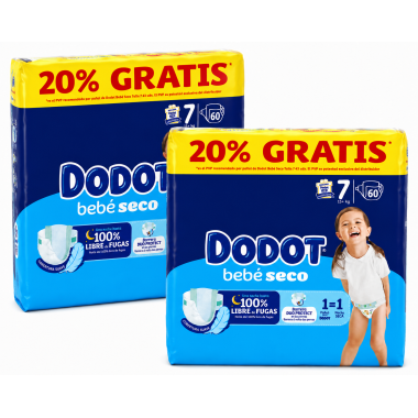 Dodot Bebé-Seco Talla 7 (15-24 kg) Pack Ahorro 120 Pañales (2x60) – Máxima Sequedad y Protección Anti Fugas