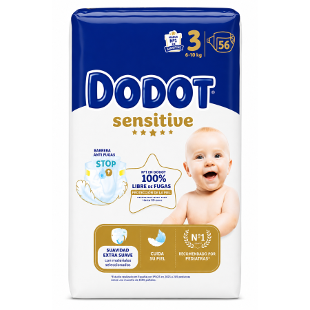 Dodot Sensitive Talla 3 (6-10 kg) Pack Ahorro 168 Pañales (3x56) – Barrera Stop Fugas y Suavidad Extrema
