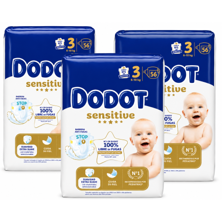 Dodot Sensitive Talla 3 (6-10 kg) Pack Ahorro 168 Pañales (3x56) – Barrera Stop Fugas y Suavidad Extrema