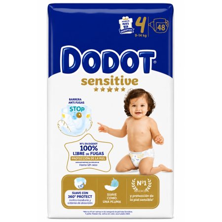 Dodot Sensitive Talla 4 (9-14 kg) 96 Pañales (2x48) – Barrera Stop Fugas y Suavidad Extrema