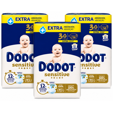 Pañales Dodot Sensitive Extra Talla 3+ 6-10 kg Pack Ahorro 168 Unidades 3x56 Alta Absorción y Suavidad
