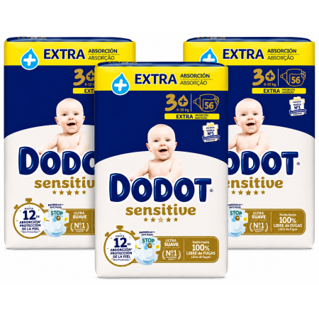 Pañales Dodot Sensitive Extra Talla 3+ 6-10 kg Pack Ahorro 168 Unidades 3x56 Alta Absorción y Suavidad