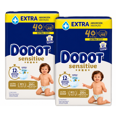 Dodot Sensitive Extra Talla 4+ (9-14 kg) 96 Pañales (2x48) – Barrera Stop Fugas y Extra Protección