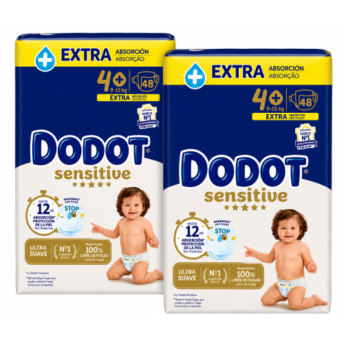 Dodot Sensitive Extra Talla 4+ (9-14 kg) 96 Pañales (2x48) – Barrera Stop Fugas y Extra Protección