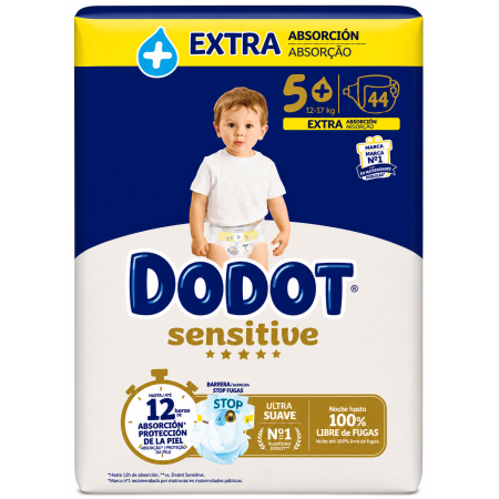 Dodot Sensitive Extra Talla 5+ (13+ kg) Pack Ahorro 88 Pañales (2x44) – Máxima Protección para Piel Sensible