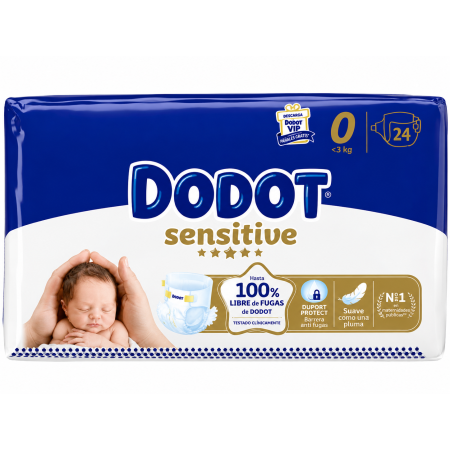 Dodot Sensitive Talla 0 Recién Nacido (0-3 kg) 24 Pañales | Máxima Suavidad y Barrera Stop Fugas para su Primera Protección