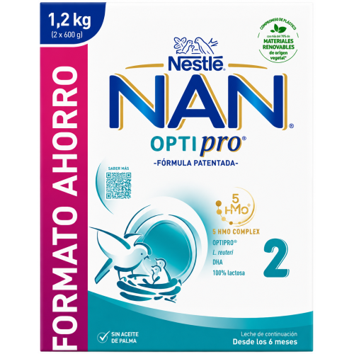 Nestlé NAN Optipro 2 Formato Ahorro 1,2 kg – Leche de Continuación Desde los 6 Meses