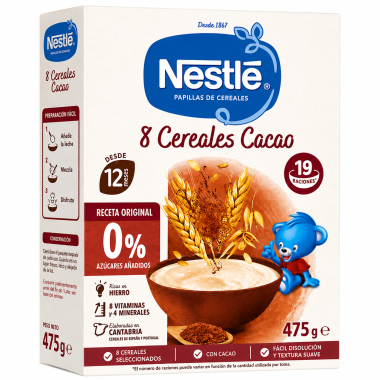 Nestlé Papillas de Cereales 8 Cereales Cacao 475 g – Desde 12 Meses