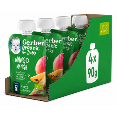 Gerber Organic Bolsitas Mango Manga 4x90 g – Maxi Pack Fruta Ecológica Desde 6 Meses