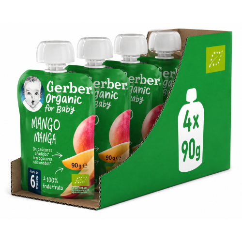Gerber Organic Bolsitas Mango Manga 4x90 g – Maxi Pack Fruta Ecológica Desde 6 Meses