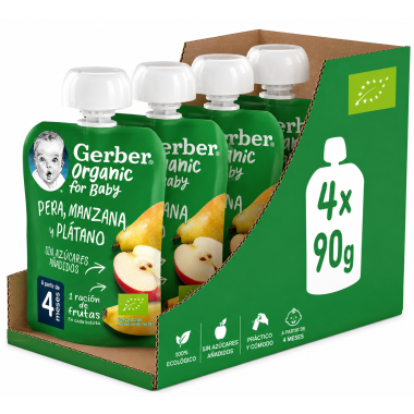 Gerber Organic bolsitas Pera, Manzana y Plátano 4x90 g – Bolsitas de Fruta Ecológica Desde 4 Meses