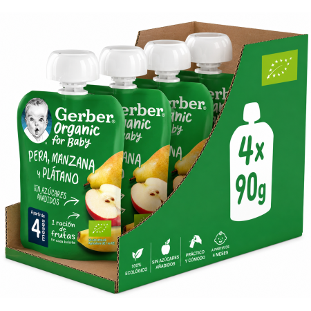 Gerber Organic bolsitas Pera, Manzana y Plátano 4x90 g – Bolsitas de Fruta Ecológica Desde 4 Meses