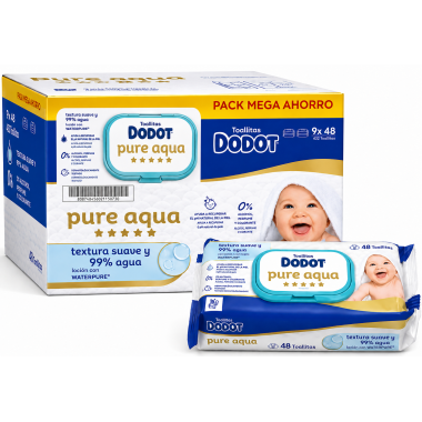 Dodot Pure Aqua Pack Mega Ahorro 9x48 Toallitas – Máxima Suavidad con 99% Agua para la Piel del Bebé
