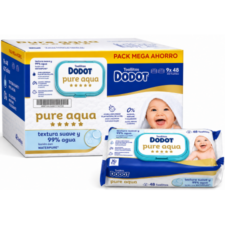 Dodot Pure Aqua Pack Mega Ahorro 9x48 Toallitas – Máxima Suavidad con 99% Agua para la Piel del Bebé
