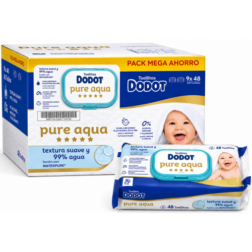 Dodot Pure Aqua Pack Mega Ahorro 9x48 Toallitas – Máxima Suavidad con 99% Agua para la Piel del Bebé