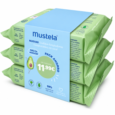 Mustela Toallitas Compostables Pack Ahorro 180 Toallitas (3x60) – Suavidad Natural para la Piel del Bebé