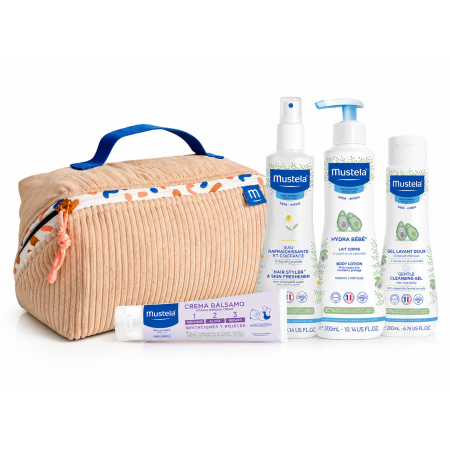 Neceser Mustela (Beige -Rosa) para Bebé – Set Completo con Hydra Bebé, Gel de Baño, Agua Refrescante y Crema Bálsamo