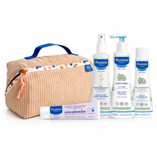 Neceser Mustela (Beige -Rosa) para Bebé – Set Completo con Hydra Bebé, Gel de Baño, Agua Refrescante y Crema Bálsamo