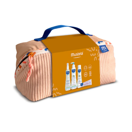 Neceser Mustela (Beige -Rosa) para Bebé – Set Completo con Hydra Bebé, Gel de Baño, Agua Refrescante y Crema Bálsamo