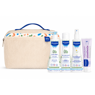 Neceser Mustela Beige -Verde para Bebé – Set Completo con Hydra Bebé, Gel de Baño, Agua Refrescante y Crema Bálsamo