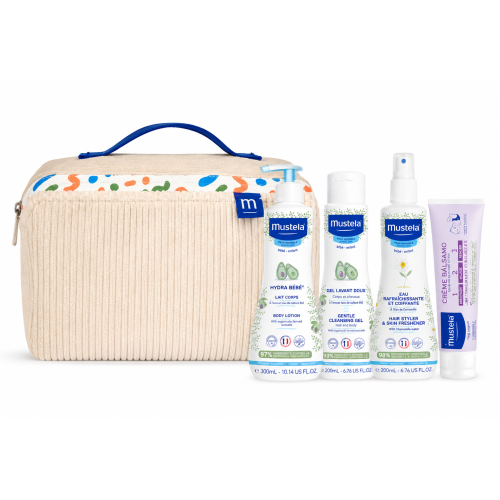 Neceser Mustela Beige -Verde para Bebé – Set Completo con Hydra Bebé, Gel de Baño, Agua Refrescante y Crema Bálsamo