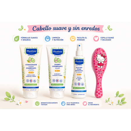 Pack Súper Ahorro Mustela champu y acondicionador + Cepillo Hello Kitty | Cabello suave y sin enredos para bebés y niños