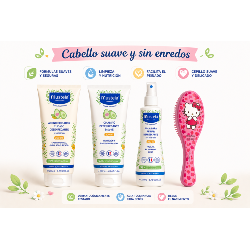 Pack Súper Ahorro Mustela champu y acondicionador + Cepillo Hello Kitty | Cabello suave y sin enredos para bebés y niños