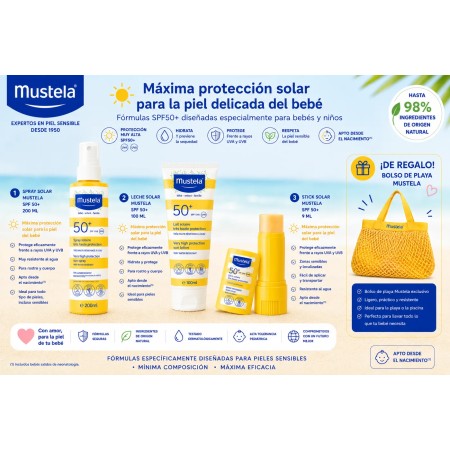 Pack Solar Mustela SPF50+ + Bolso de Playa de Regalo | Protección completa para bebés y niños