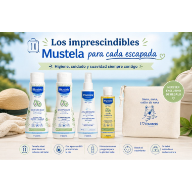 Pack Mustela imprescindibles para cada escapada con neceser exclusivo de regalo.