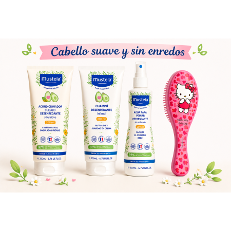 Pack Súper Ahorro Mustela champu y acondicionador + Cepillo Hello Kitty | Cabello suave y sin enredos para bebés y niños
