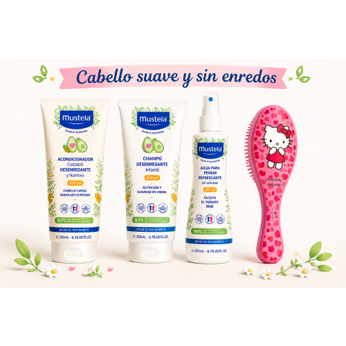 Pack Súper Ahorro Mustela champu y acondicionador + Cepillo Hello Kitty | Cabello suave y sin enredos para bebés y niños