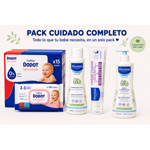 pack bebé dodot sensitive 15x56 toallitas mustela gel 500 ml champú 200 ml crema 100 ml cuidado completo