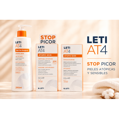 LETI AT4 Stop Picor: alivio inmediato y cuidado diario para pieles atópicas y sensibles.