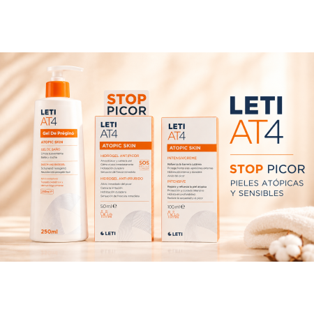 LETI AT4 Stop Picor: alivio inmediato y cuidado diario para pieles atópicas y sensibles.