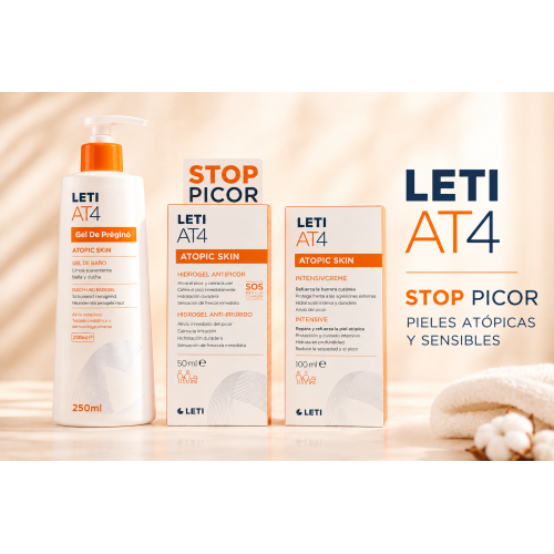 LETI AT4 Stop Picor: alivio inmediato y cuidado diario para pieles atópicas y sensibles.