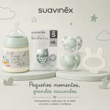 Pack Suavinex Bonhomía Verde con biberón silicona 150 ml, chupetes SX Pro anatómicos, broche y mordedor +0m